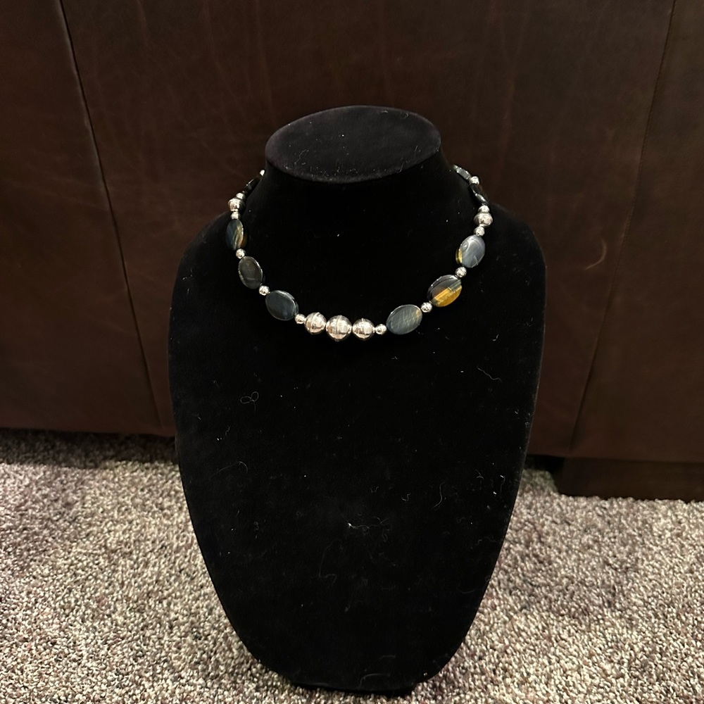 Elegant Hand Crafted Blue & Mixed Tiger Eye &!Sterling Silver Beaded Necklace